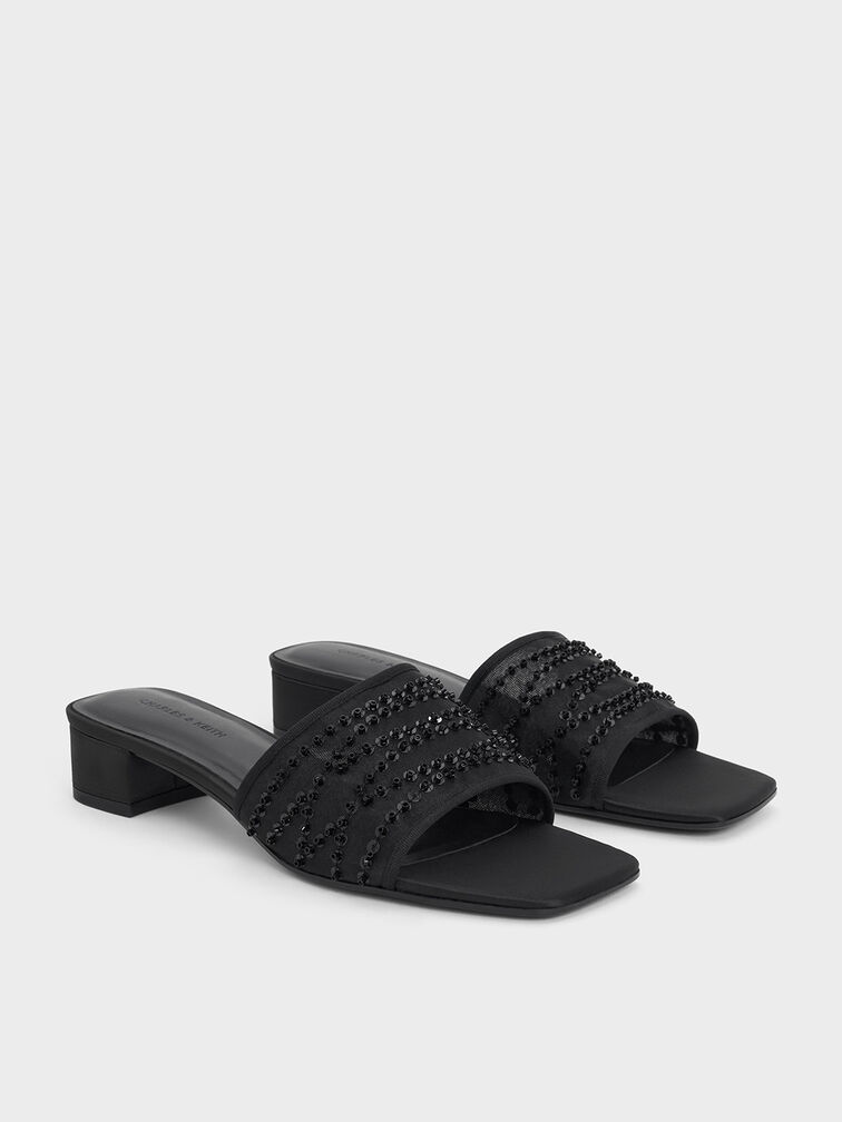 Mesh Sequinned Block-Heel Mules, Black Textured, hi-res
