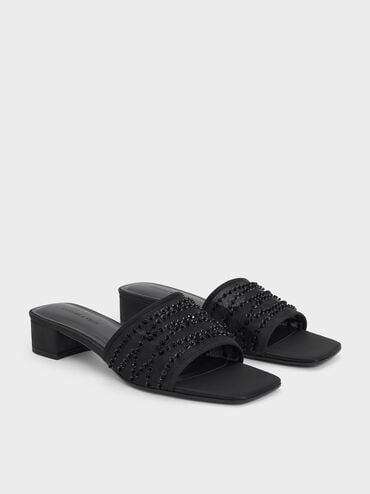 Mesh Sequinned Block-Heel Mules, Black Textured, hi-res