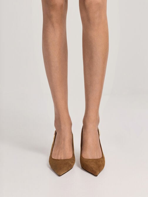 Cody Suede Pointed-Toe Kitten-Heel Slingback Pumps, Brown, hi-res
