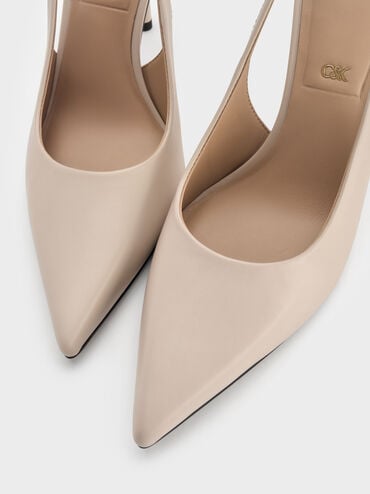 Leather Slingback Stiletto Pumps, Oat, hi-res