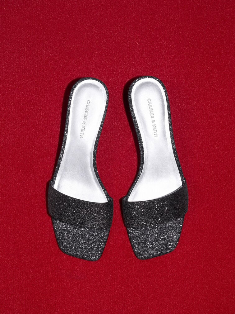 Glittered Cone-Heel Mules, Black Textured, hi-res
