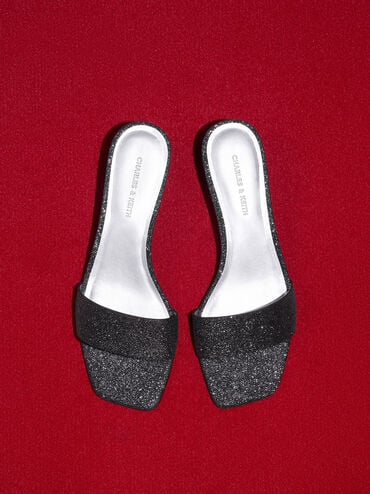 Glittered Cone-Heel Mules, Black Textured, hi-res