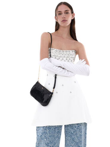 حقيبة كتف من الجلد والشبك مرصعة بالترتر, أسود, hi-res