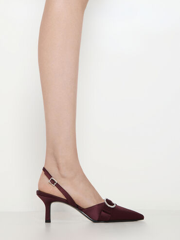 حذاء جاني من البوليستر المعاد تدويره بكعب عالٍ وتصميم مفتوح من الخلف وحزام كاحل مزين بالكريستال, برغندي, hi-res