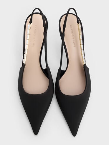 حذاء سلينجباك مفتوح الظهر من الساتان بكعب عالٍ ومقدمة مدببة وحزام مزخرف, أسود خشن, hi-res