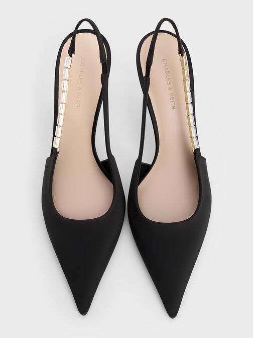 حذاء سلينجباك مفتوح الظهر من الساتان بكعب عالٍ ومقدمة مدببة وحزام مزخرف, أسود خشن, hi-res