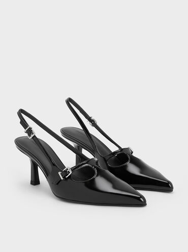 حذاء سلينجباك مفتوح الظهر بكعب عالٍ ومقدمة مدببة وتصميم متقاطع على شكل حرف T, صندوق أسود, hi-res