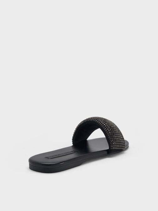 Faux Suede Crystal-Embellished Slide Sandals, Black Textured, hi-res