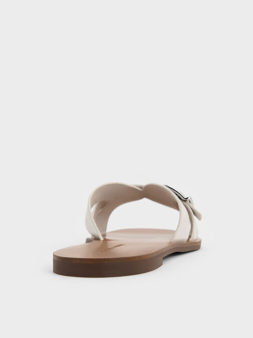 Belted Slide Sandals, White, hi-res