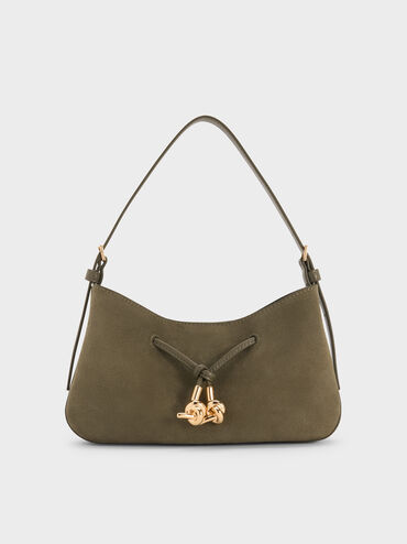 Mila Recycled Suede Shoulder Bag, Deep Olive, hi-res