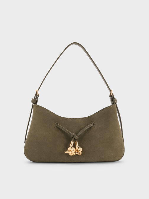 Mila Recycled Suede Shoulder Bag, Deep Olive, hi-res