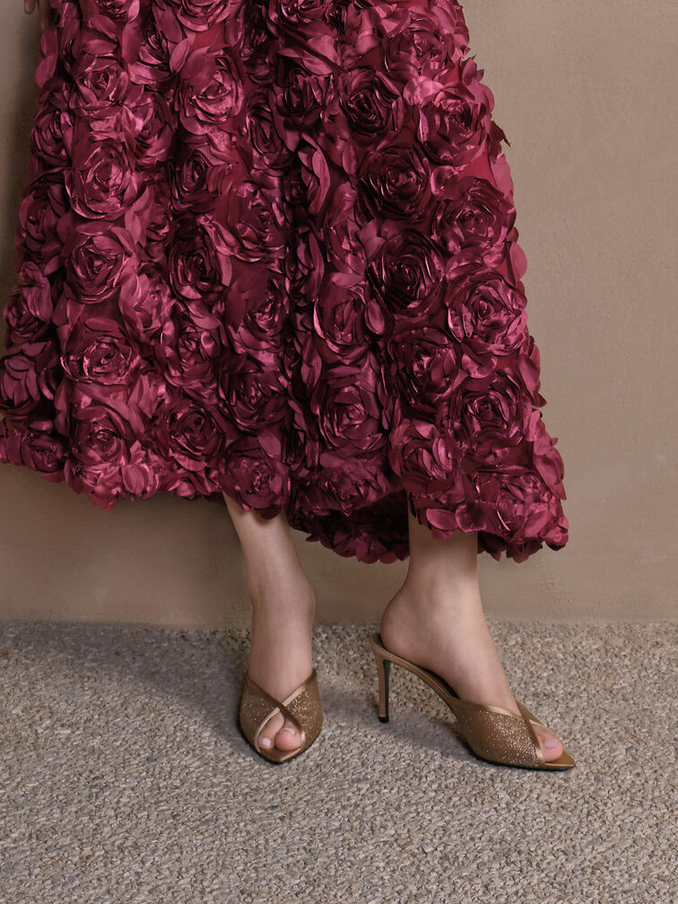 حذاء ميول بكعب ومقدمة مفتوحة من القماش الشبكي اللامع, برونزي, hi-res