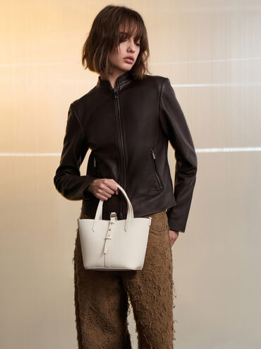 Beryl Recycled Leather Double-Handle Belted Bucket Bag, Cream, hi-res