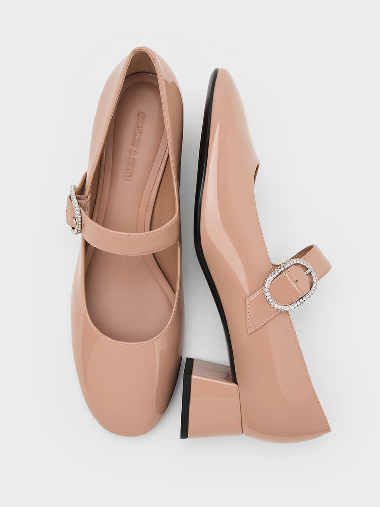 حذاء جاني من الجلد اللامع بكعب وتصميم ماري جين وإبزيم مرصع بالكريستال, لون البشرة الطبيعي, hi-res