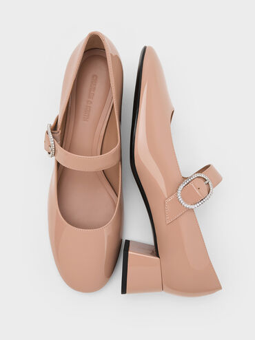 حذاء جاني من الجلد اللامع بكعب وتصميم ماري جين وإبزيم مرصع بالكريستال, لون البشرة الطبيعي, hi-res