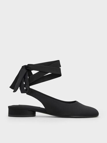 حذاء باليرينا من الساتان بدون كعب مع شريط ملفوف حول الكاحل, أسود خشن, hi-res