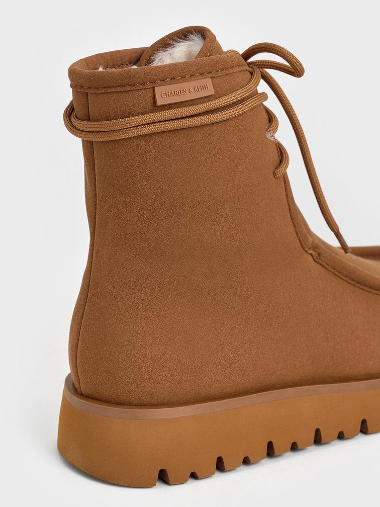 Textured Fur-Lined Ridged-Sole Ankle Boots, Brown, hi-res