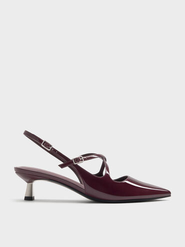 Pauline Patent Crossover Slingback Kitten Heels, Maroon, hi-res