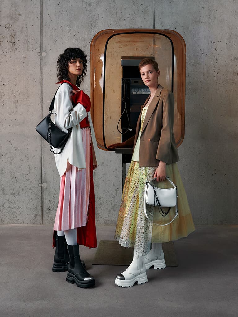 Jules Leather Chain-Embellished Bag in black and white; Jules Leather Chelsea Boots in black and white - CHARLES & KEITH