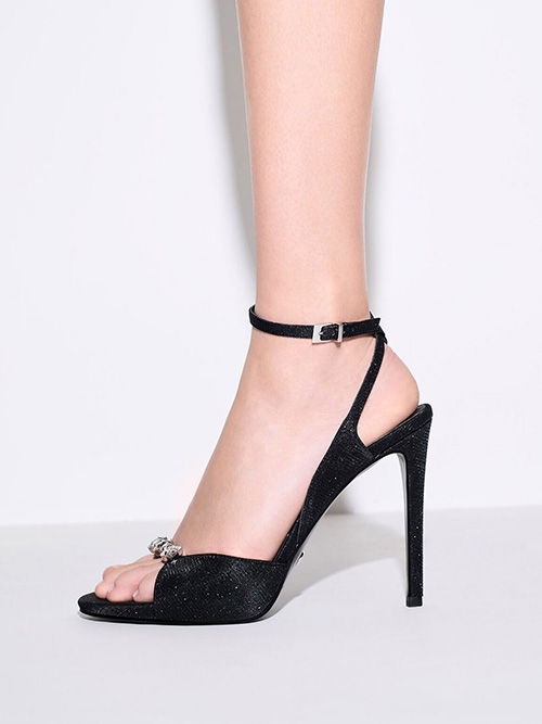 Glittered Gem-Encrusted Ankle Strap Sandals, Black