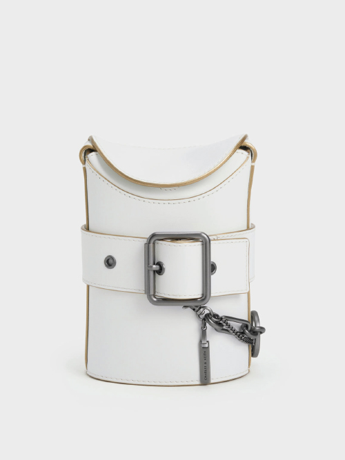 Jules Leather Belted Bucket Bag - White