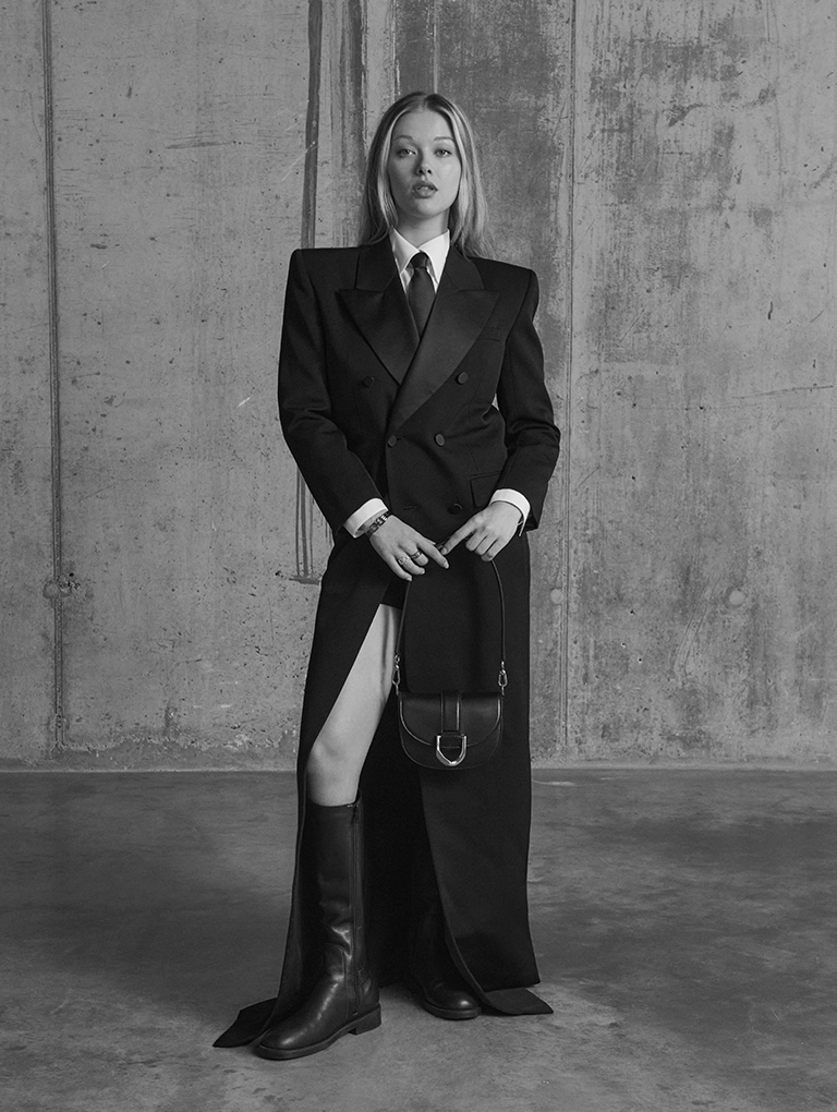 Women’s mini Gabine saddle bag and Gabine leather knee-high boots, as seen on Jess Alexander (standing in picture) – CHARLES & KEITH
