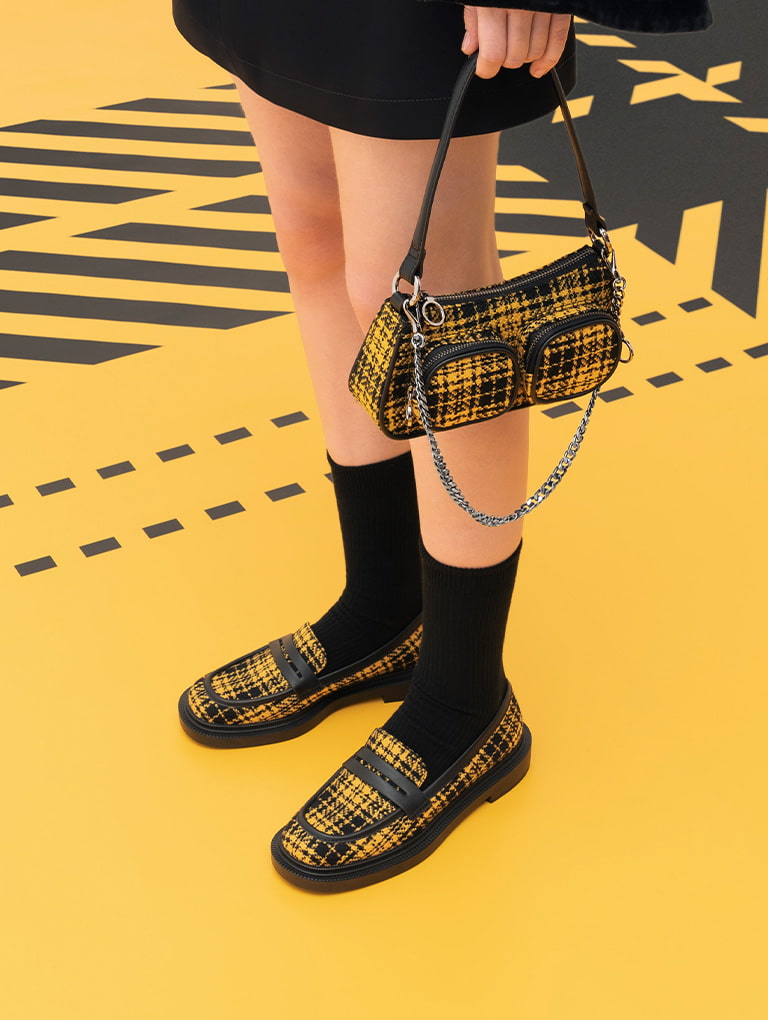 Checkered Penny Loafers in yellow and Woven Check-Print Shoulder Bag in multi – CHARLES & KEITH