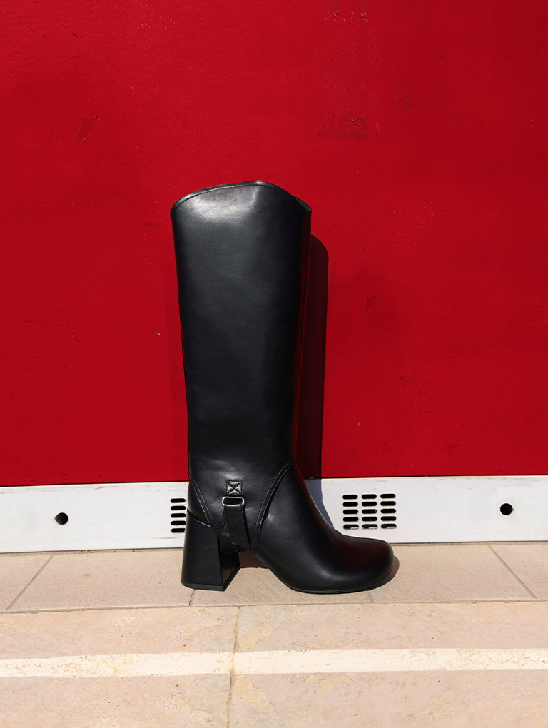 Women’s Patent Pearl-Buckle Mary Janes in black; Gigi Block Heel Knee Boots in black; Gigi Block Heel Knee Boots in black – CHARLES & KEITH