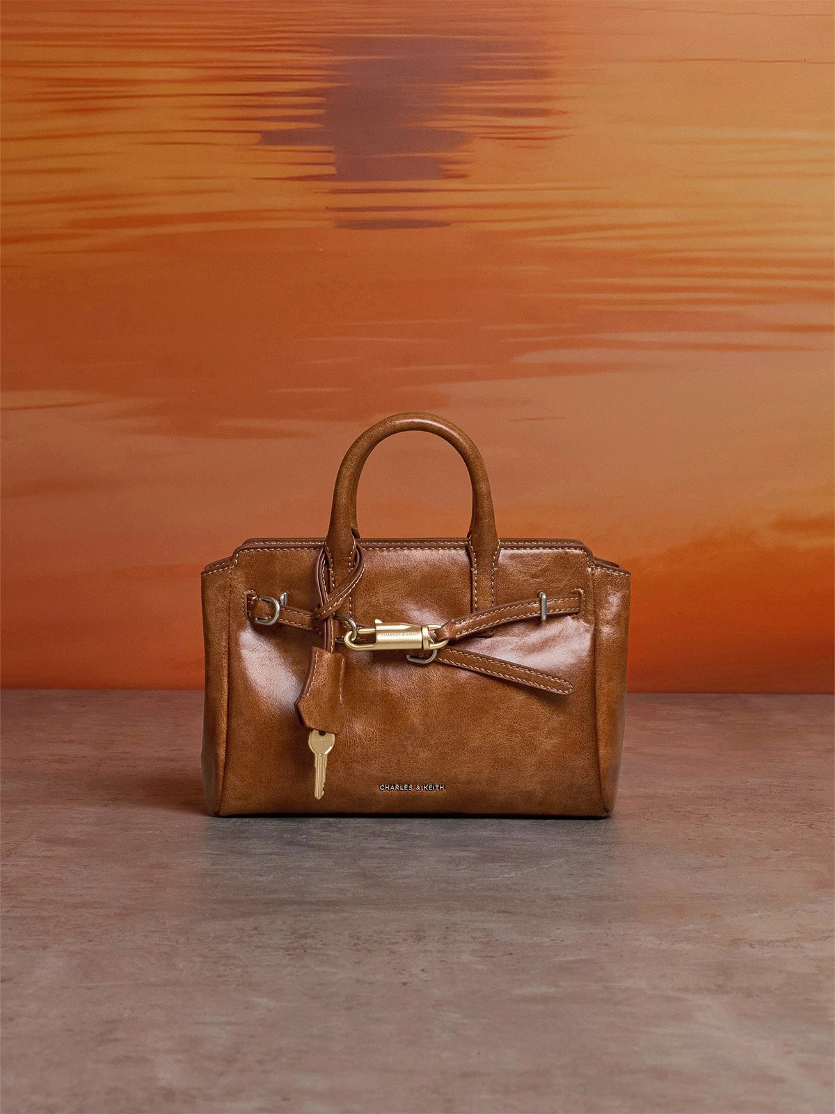 Distressed Tan Mini Delfina Belted Tote Bag - CHARLES & KEITH