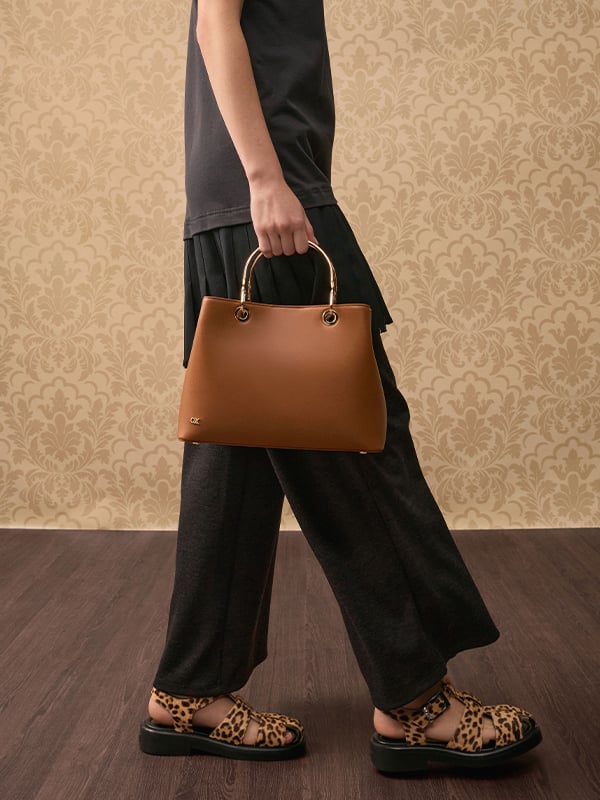 Cognac Leather Ring-Handle Bag - CHARLES & KEITH