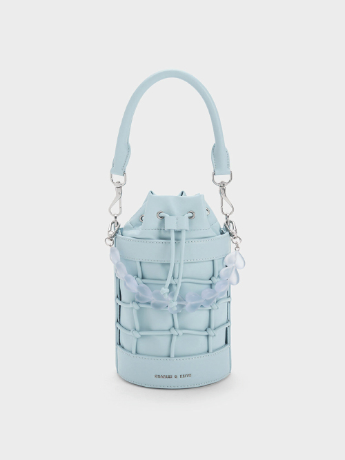 Heart Motif Caged Bucket Bag - Light Blue