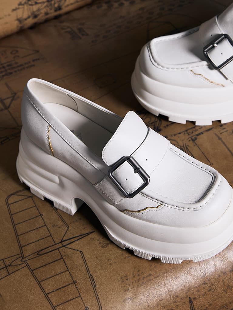 Jules Platform Buckled Loafers in white - CHARLES & KEITH