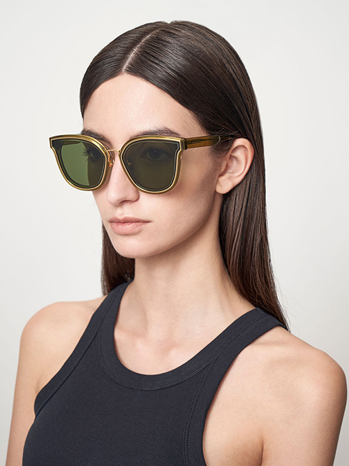 Gold-Trim Rectangular Sunglasses, Green