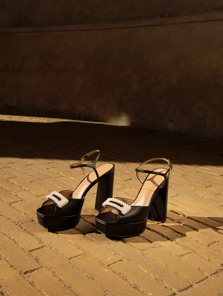 Women’s bead-embellished leather platform sandals - CHARLES & KEITH
