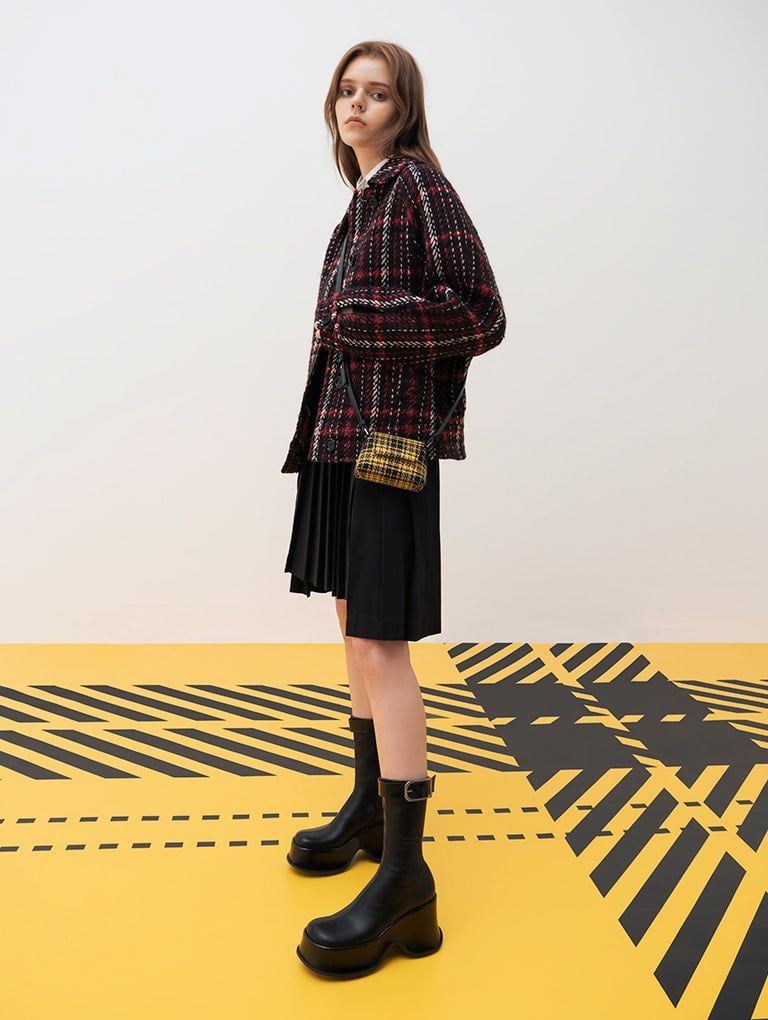 Carlisle Platform Boots in black and Woven Check-Print Mini Bag in multi - CHARLES & KEITH