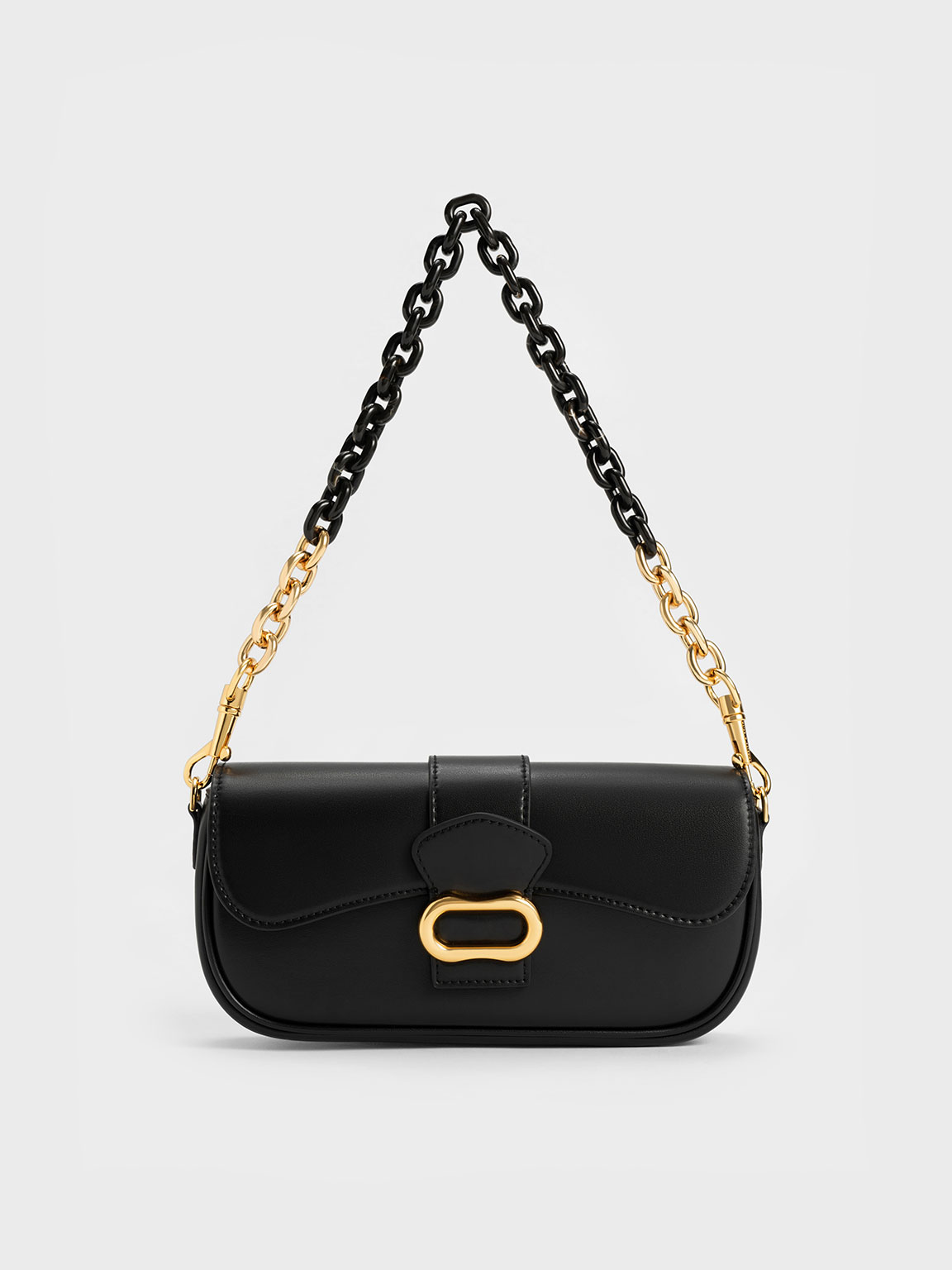 Black Daki Belted Curved Bag - CHARLES & KEITH SA