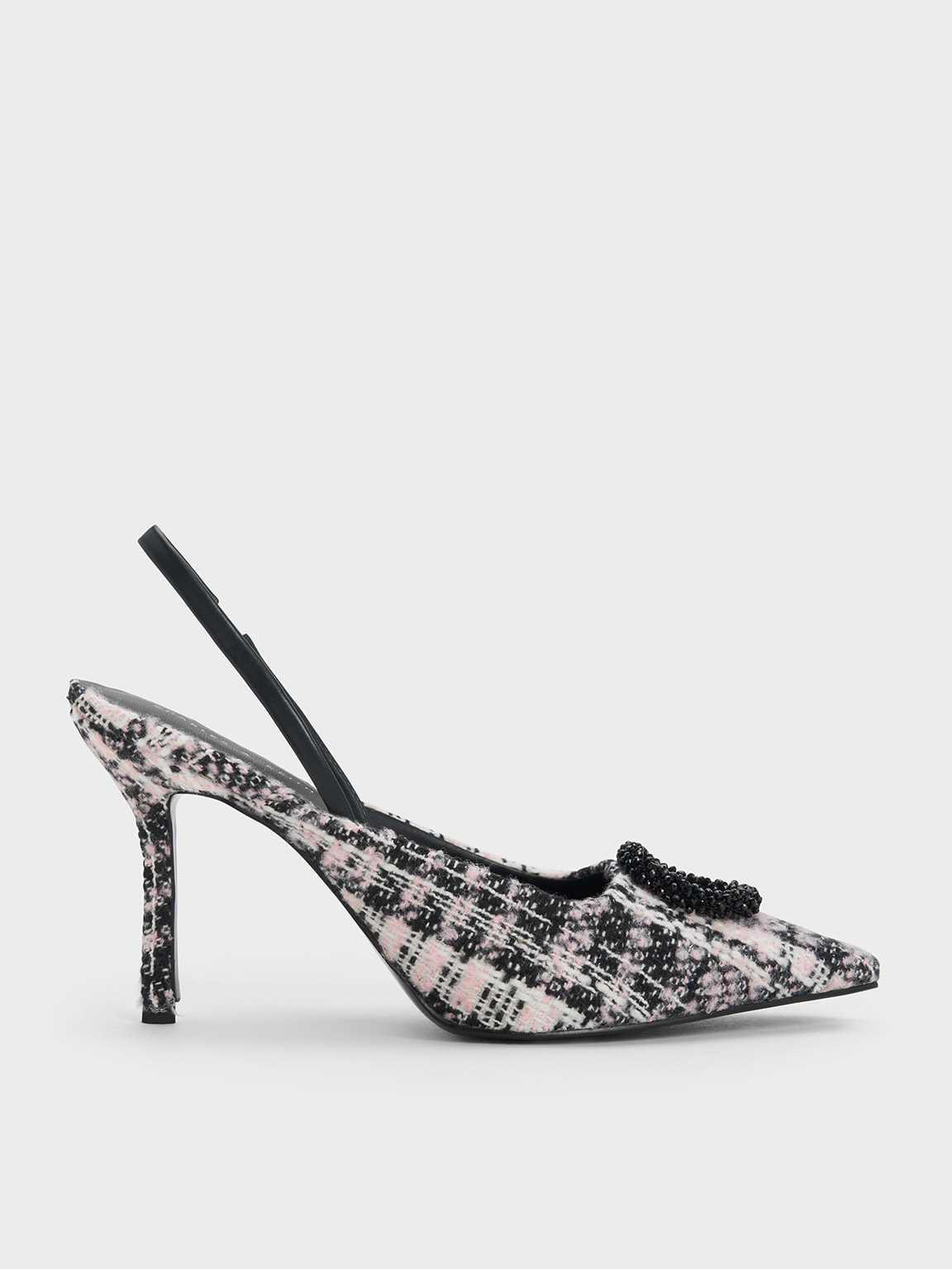 Pink Tweed Beaded Circle Slingback Pumps - CHARLES & KEITH SA Pink Tweed Beaded Circle Slingback Pumps - CHARLES & KEITH SA