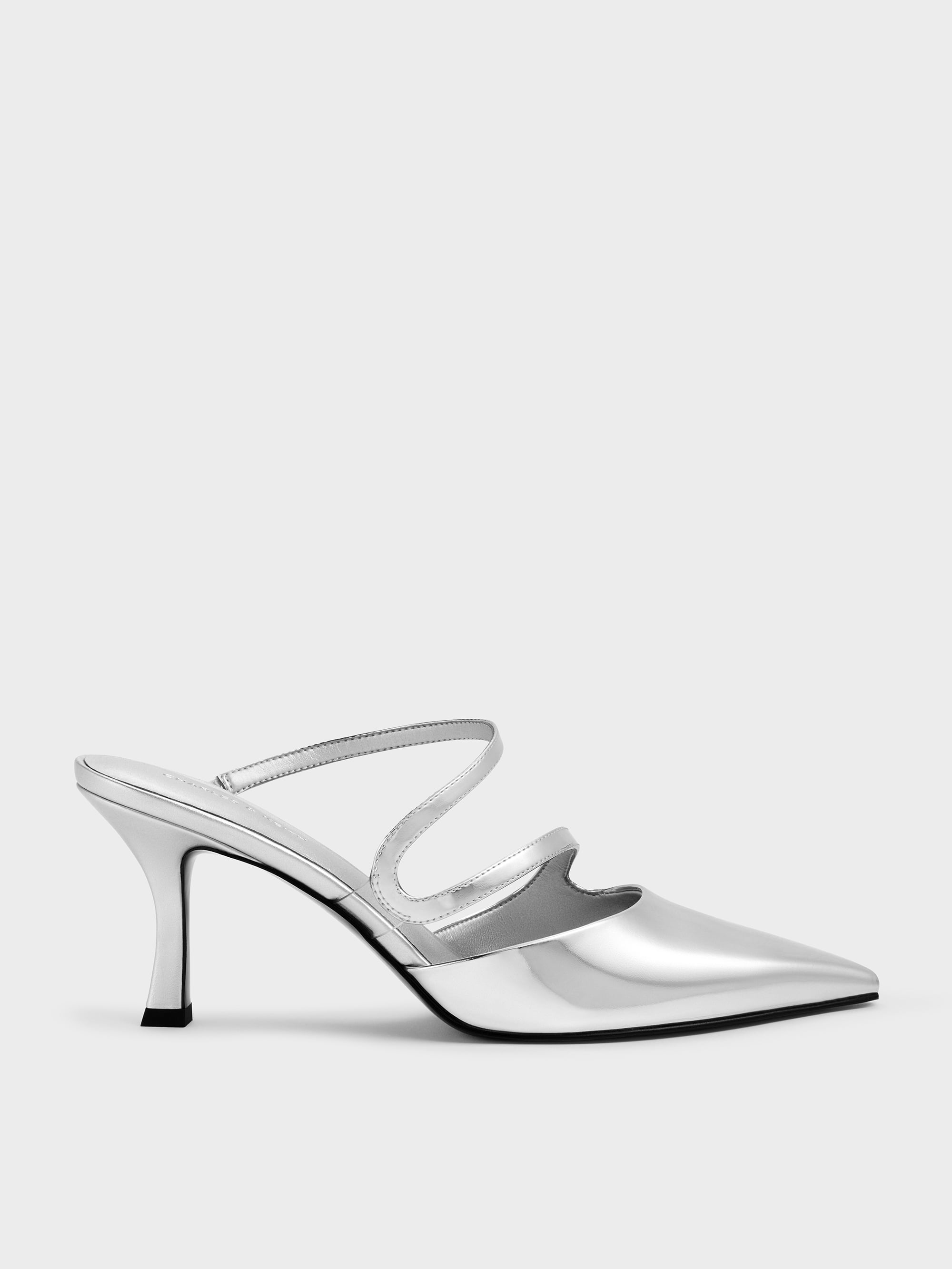 Silver Arden Metallic Pointed Wavy Heeled Mules - Silver - CHARLES ...